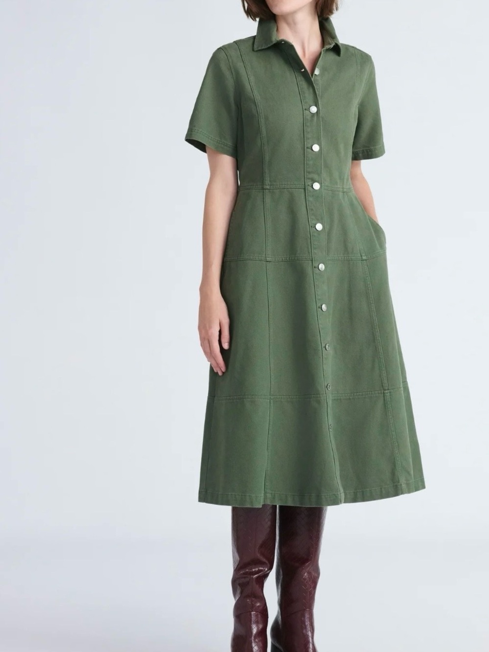 Collared Button-Front Olive Green Midi Dress